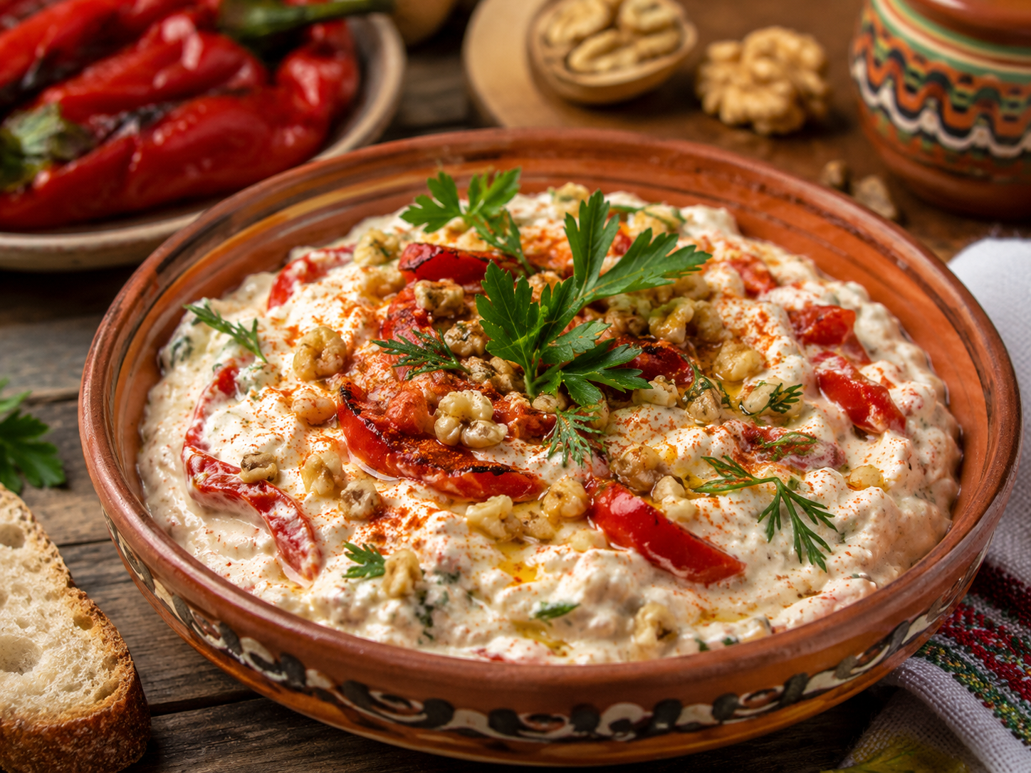 Разядка с краве катък, печени чушки и орехи